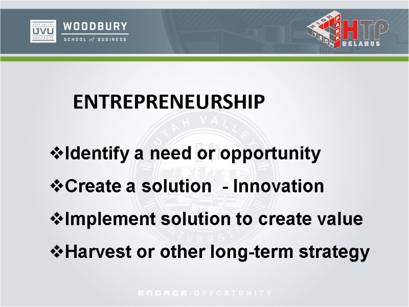 Identify a need or opportunity Create a solution  - Innovation Implement solution to